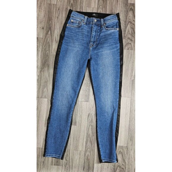 7 For All Mankind Womens Size 27 High Waist Ankle Denim Pleather Skinny Jeans - Picture 1 of 16